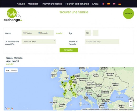 Le moteur de recherche et la carte de Twin Exchange